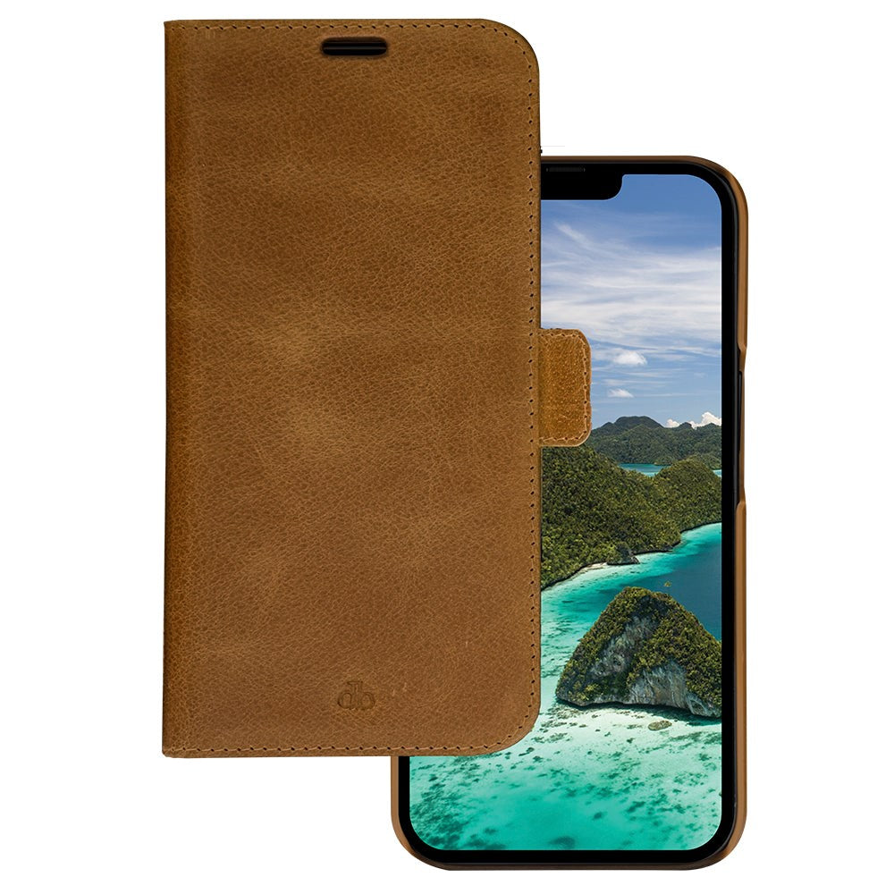 iPhone 14 Pro Max dbramante1928 Lynge Genuine Leather Magnet Flip Case - Tan