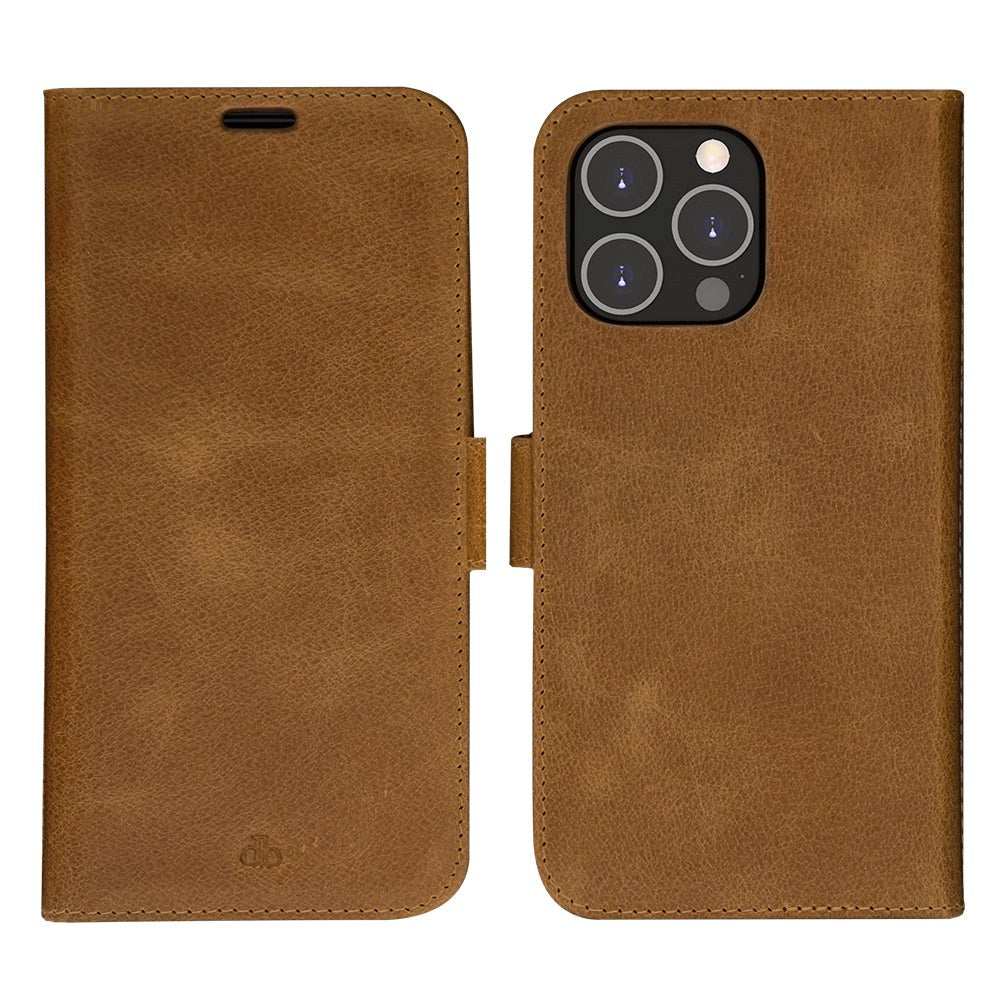 iPhone 14 Pro Max dbramante1928 Lynge Genuine Leather Magnet Flip Case - Tan