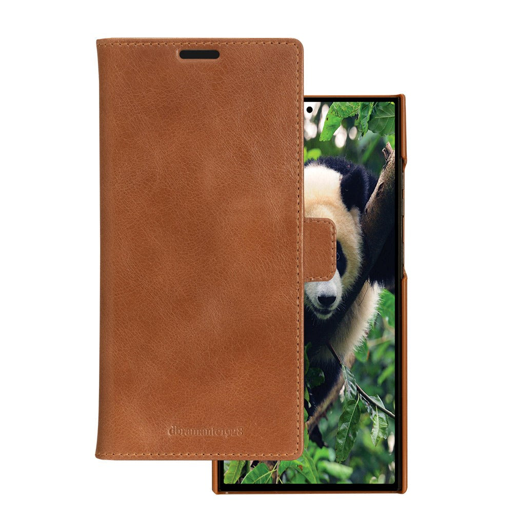 Samsung Galaxy S23 Ultra Lynge Genuine Leather Magnet Flip Case - Tan