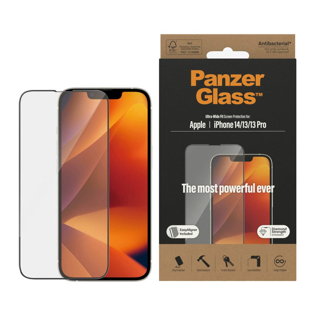 iPhone 14 / 13 / 13 Pro PanzerGlass AntiBacterial Ultra-Wide Fit Screen Protector - EasyAligner - Diamond Strength - Transparent / Black Edge