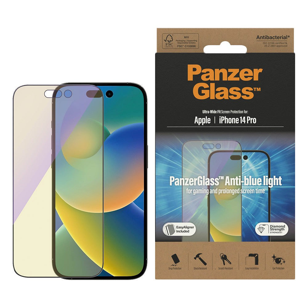 iPhone 14 Pro PanzerGlass AntiBacterial Ultra Wide Fit Screen Protector - Easy Aligner - Anti-Blue Light - Diamond Strength - Transparent / Black Edge