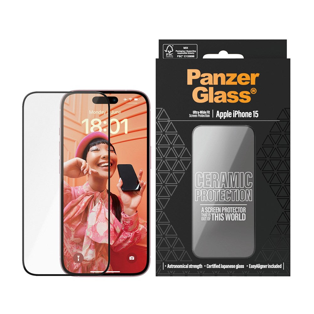 iPhone 15 PanzerGlass Ultra Wide Fit Ceramic Screen Protector w. EasyAligner - Black Edge