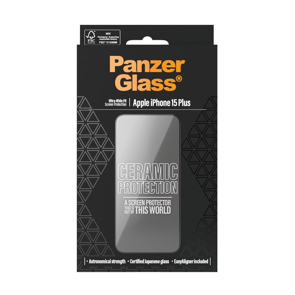 iPhone 15 Plus PanzerGlass Ultra Wide Fit Ceramic Screen Protector w. EasyAligner - Black Edge