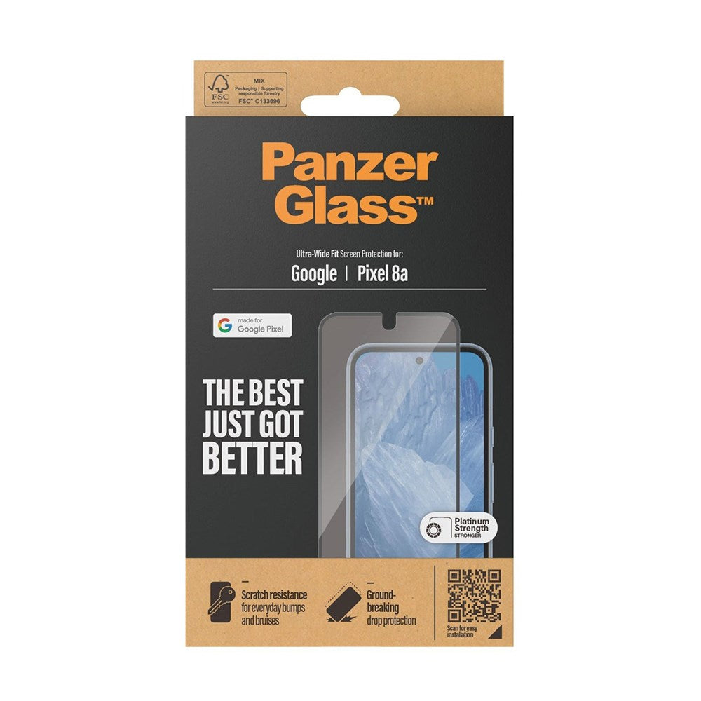 Google Pixel 8a PanzerGlass Ultra Wide Fit Screen Protector - Platinum Strength - Black Edge