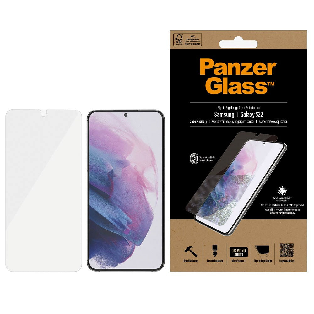 Samsung Galaxy S22 PanzerGlass AntiBacterial Edge-to-Edge Screen Protector - Case-Friendly - Transparent