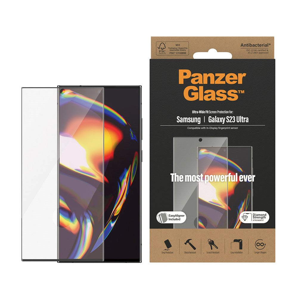 Samsung Galaxy S23 Ultra PanzerGlass AntiBacterial Ultra-Wide Fit Screen Protector - EasyAligner - Diamond Strength - Transparent