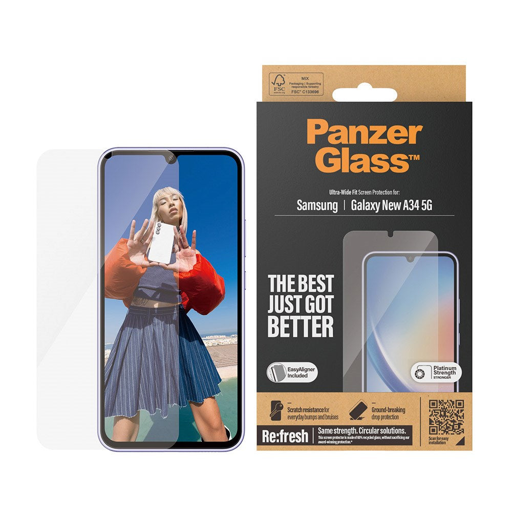 Samsung Galaxy A35 (5G) PanzerGlass Ultra Wide Fit Re:fresh Screen Protector w. EasyAligner - Platinum Strength - Transparent