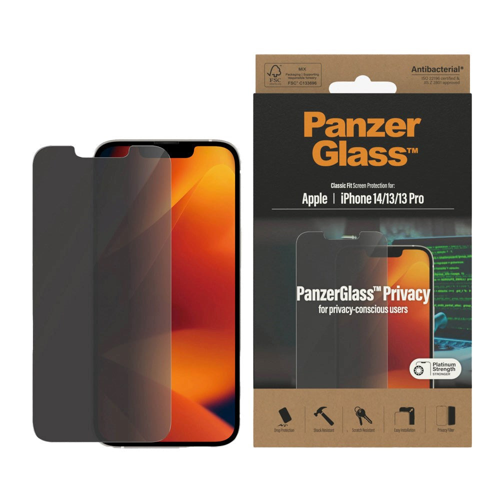 iPhone 14 / 13 / 13 Pro PanzerGlass AntiBacterial Classic Fit Screen Protector - Privacy Filter - Platinum Strength - Transparent