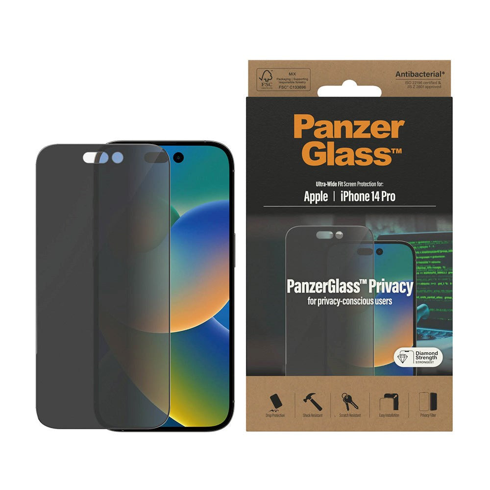 iPhone 13 Pro Max PanzerGlass Antibacterial Ultra-Wide Fit Screen Protector - Privacy - Diamond Strength - Transparent / Black