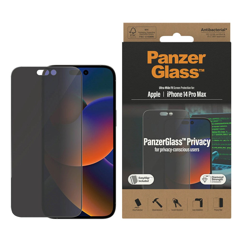 iPhone 14 Pro Max PanzerGlass AntiBacterial Ultra-Wide Fit Screen Protector - EasyAligner - Privacy Filter - Diamond Strength - Transparent / Black