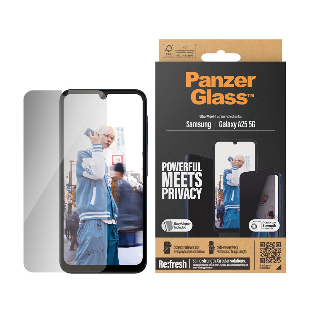 Samsung Galaxy A25 (5G) PanzerGlass Ultra Wide Fit Re:fresh Screen Protector m. EasyAligner - Privacy - Platinum Strength - Transparent / Black Edge