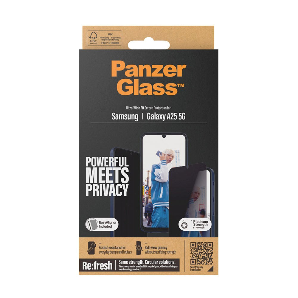 Samsung Galaxy A25 (5G) PanzerGlass Ultra Wide Fit Re:fresh Screen Protector m. EasyAligner - Privacy - Platinum Strength - Transparent / Black Edge