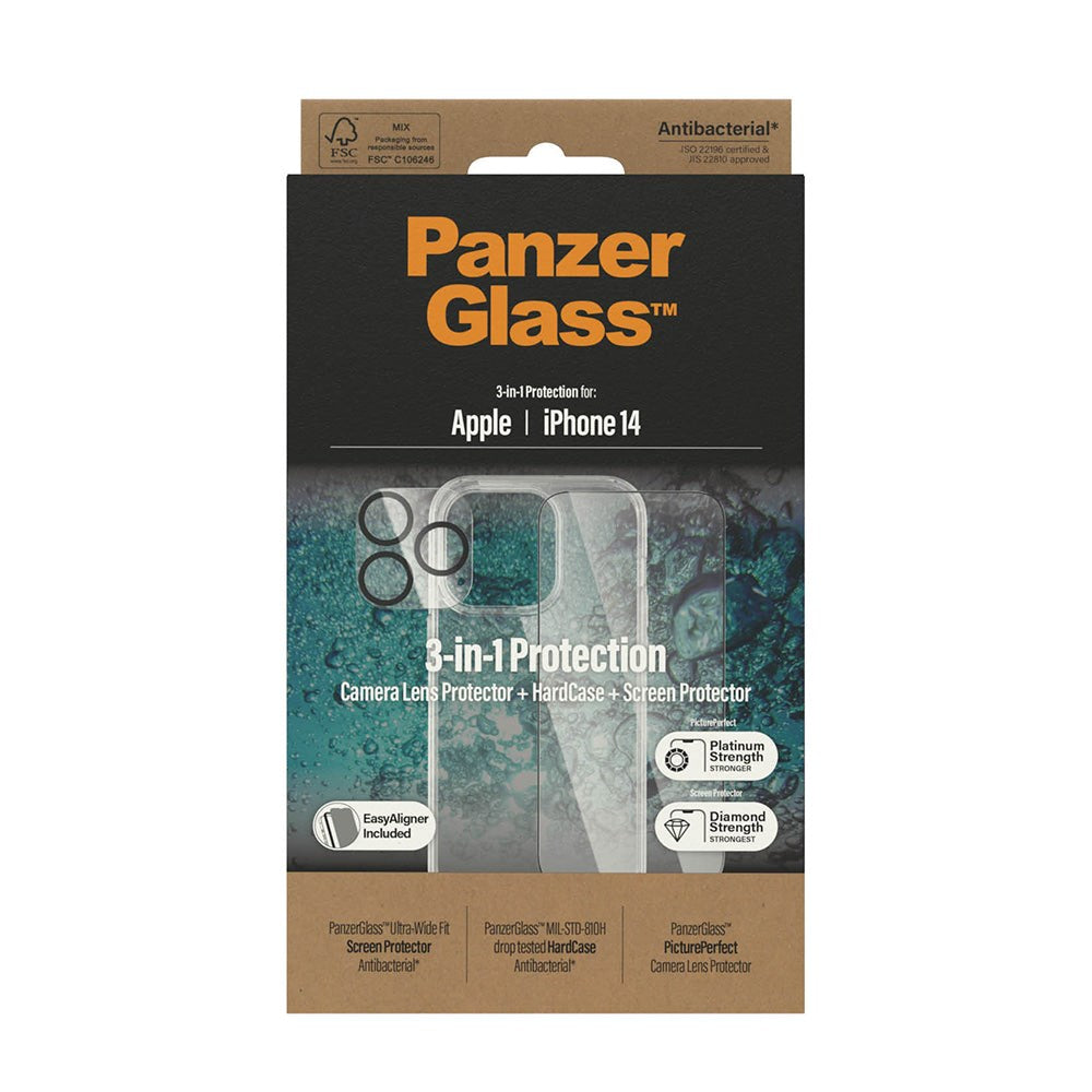 iPhone 14 PanzerGlass 3-in-1 Bundle w. EasyAligner - Screen Protector (UWF) / Case / Camera Protection - Transparent