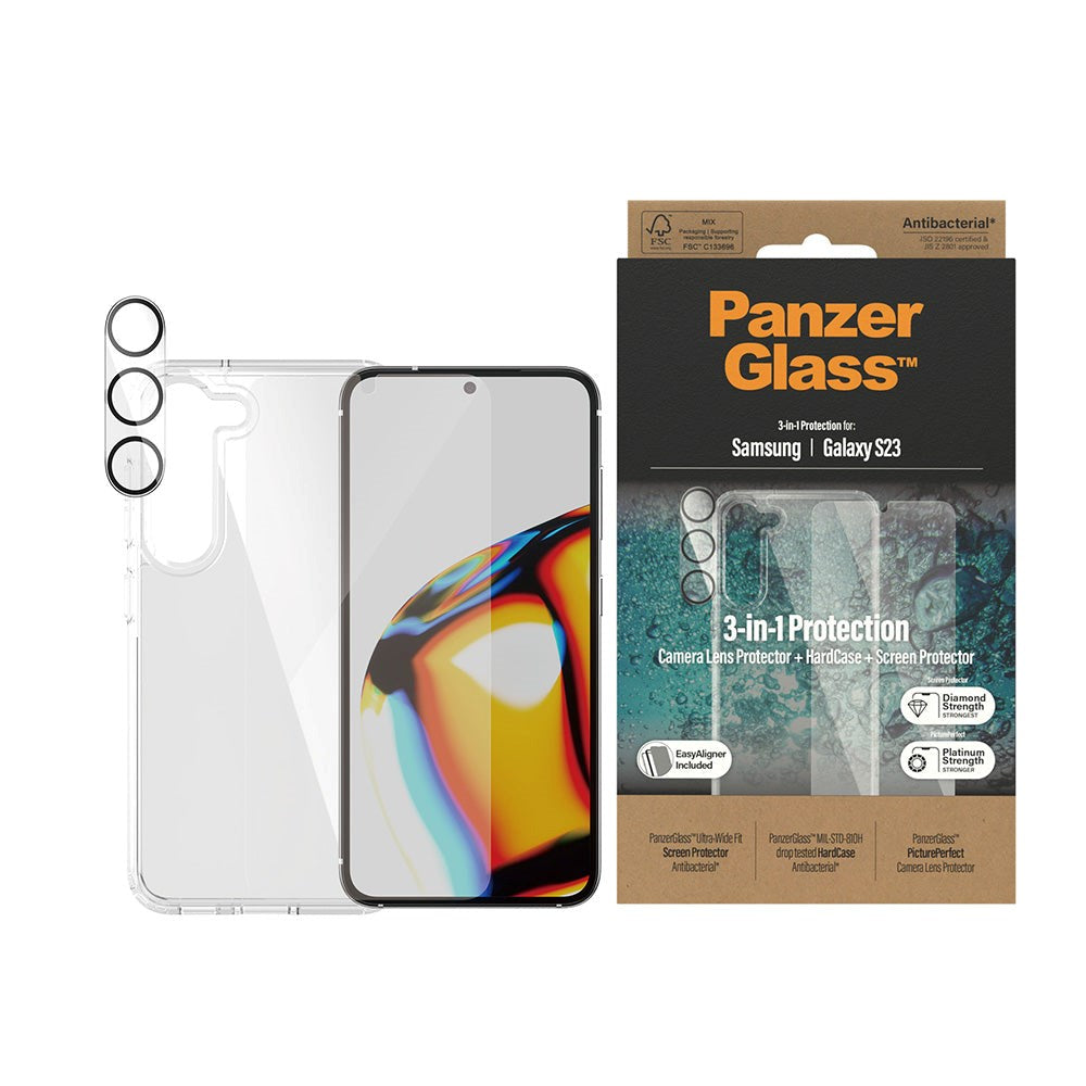 Samsung Galaxy S23 PanzerGlass 3-in-1 Bundle w. EasyAligner - Screen Protector (UWF) / Case / Camera Protection - Transparent