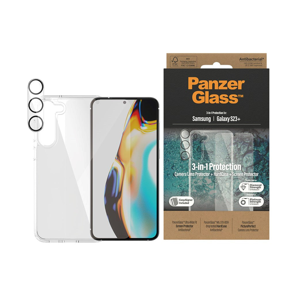 Samsung Galaxy S23+ (Plus) PanzerGlass 3-in-1 Bundle w. EasyAligner - Screen Protector (UWF) / Case / Camera Protection - Transparent