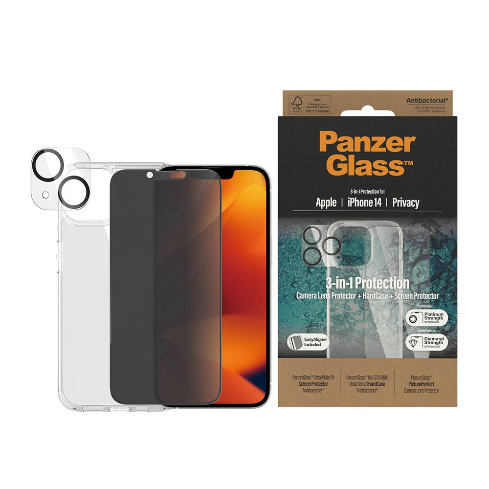 iPhone 14 PanzerGlass 3-in-1 Bundle w. EasyAligner - Privacy Screen Protector (UWF) / Case / Camera Protection - Transparent