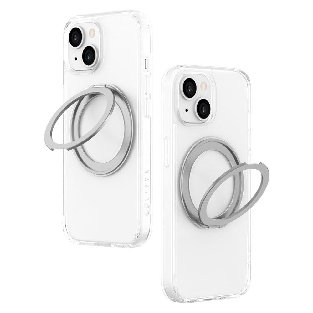iPhone 15 Lippa Hybrid Plastic Case with 360 Rotating Kickstand - MagSafe Compatible - Transparent / Silver