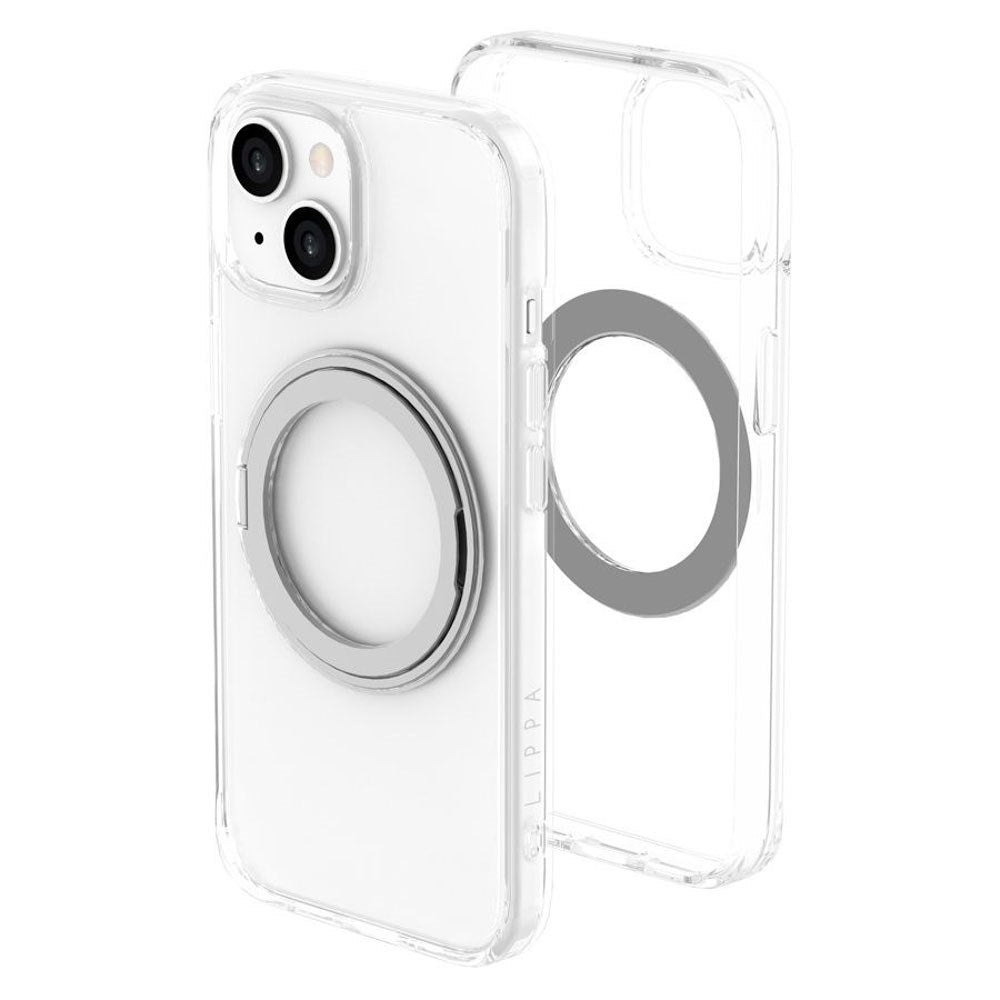 iPhone 15 Lippa Hybrid Plastic Case with 360 Rotating Kickstand - MagSafe Compatible - Transparent / Silver
