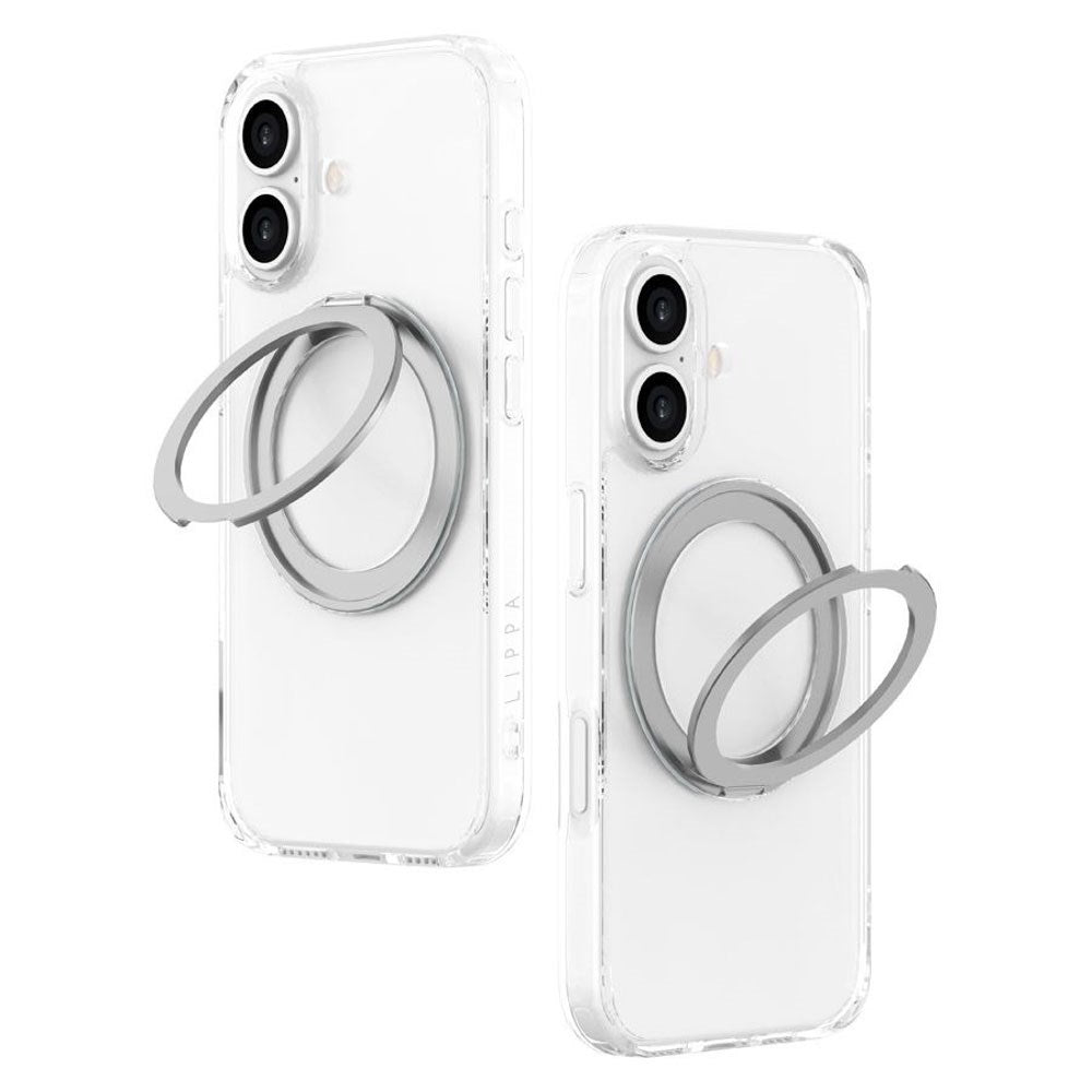 iPhone 16 Lippa Hybrid Plastic Case with 360 Rotating Kickstand - MagSafe Compatible - Transparent / Silver