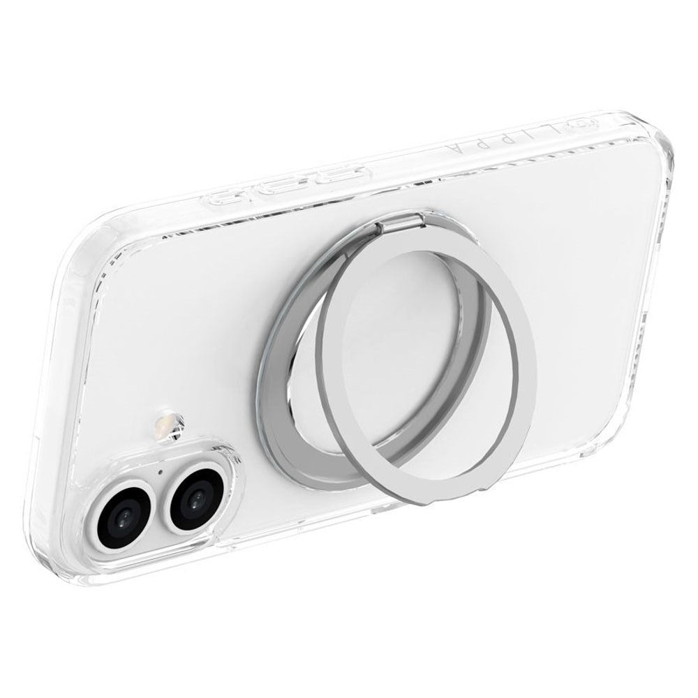 iPhone 16 Lippa Hybrid Plastic Case with 360 Rotating Kickstand - MagSafe Compatible - Transparent / Silver