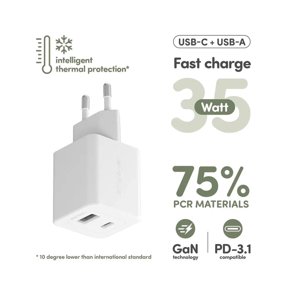 empower by PanzerGlass Turbo 35W Wall Charger with 1x USB-A & 1x USB-C – Silver White