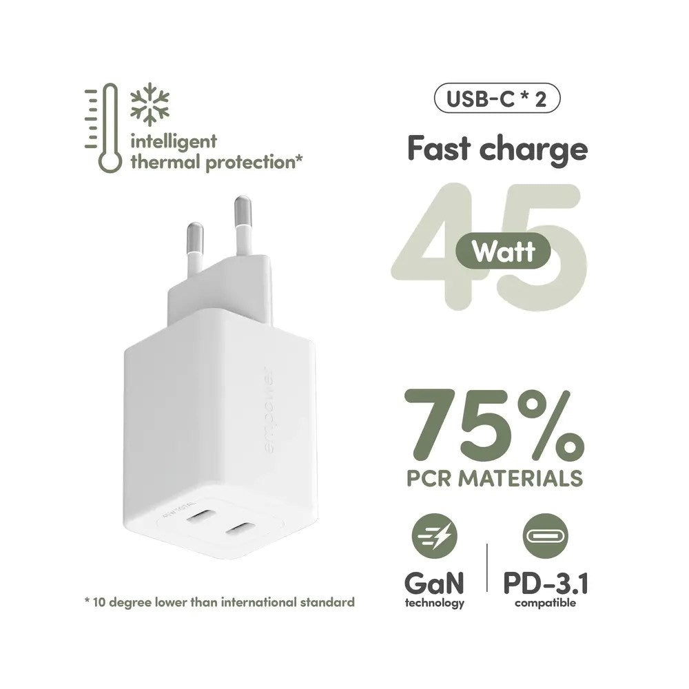 empower by PanzerGlass Turbo 45W Wall Charger with 2x USB-C – Silver White