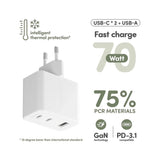 empower by PanzerGlass Turbo 70W Wall Charger with 1x USB-A & 2x USB-C - Silver White