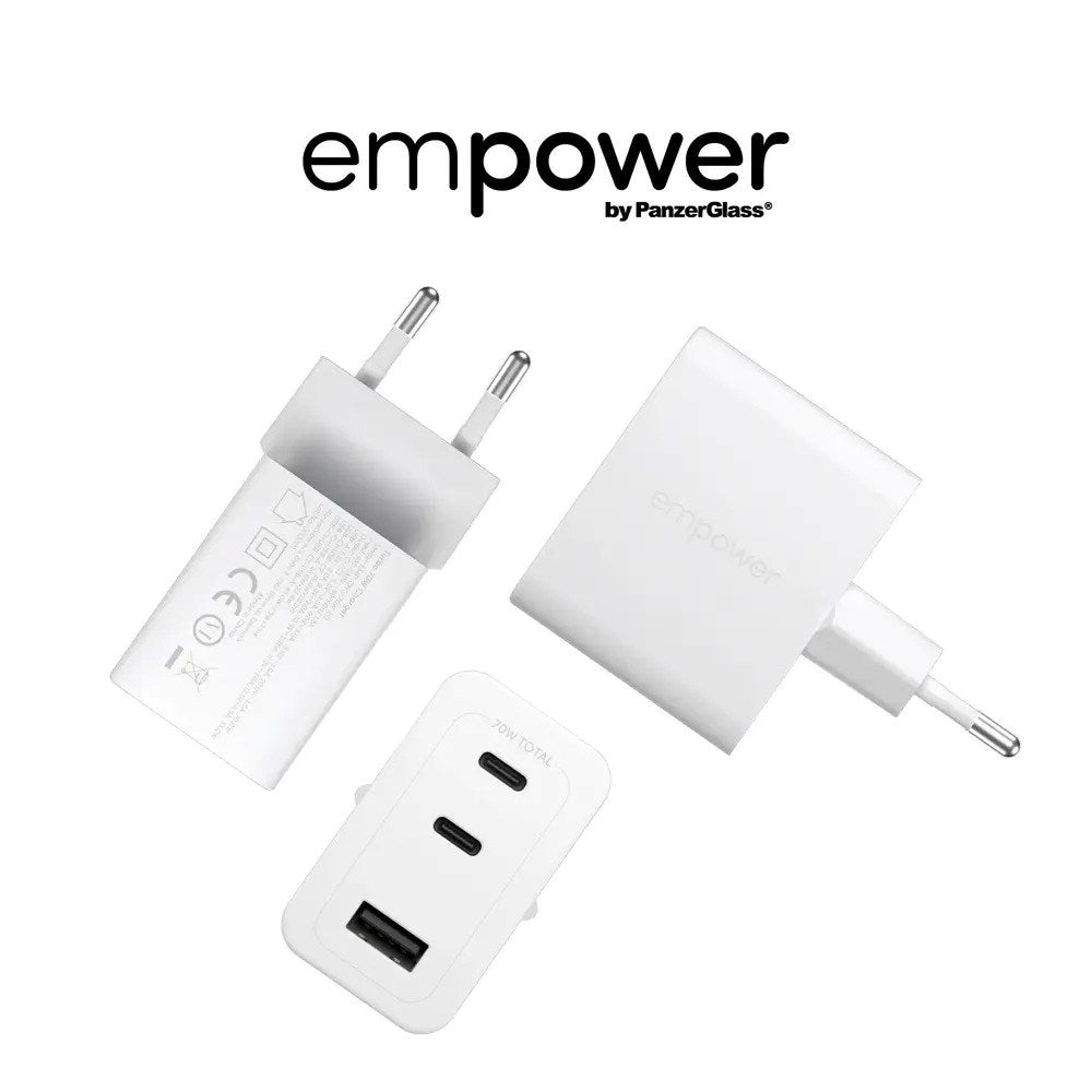 empower by PanzerGlass Turbo 70W Wall Charger with 1x USB-A & 2x USB-C - Silver White