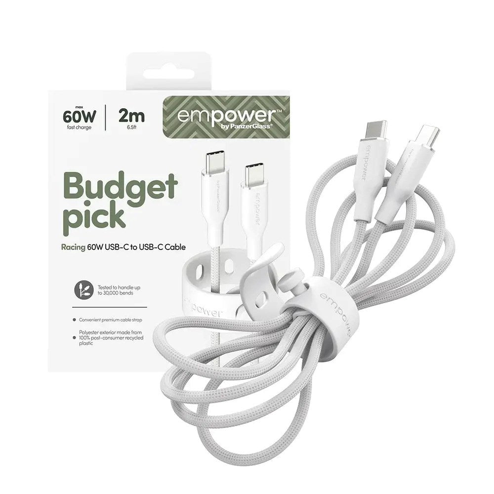 empower by PanzerGlass Racing 60W USB-C to USB-C Cable – 2m – Silver White