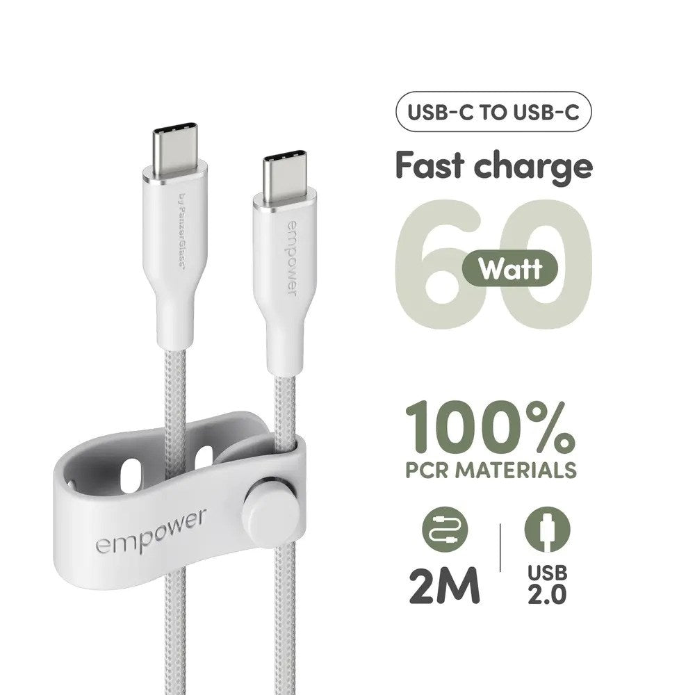 empower by PanzerGlass Racing 60W USB-C to USB-C Cable – 2m – Silver White