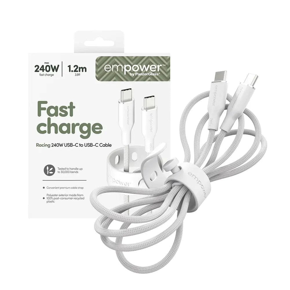 empower by PanzerGlass Racing 240W USB-C to USB-C Cable – 1.2m – Silver White