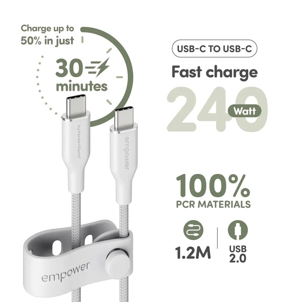 empower by PanzerGlass Racing 240W USB-C to USB-C Cable – 1.2m – Silver White
