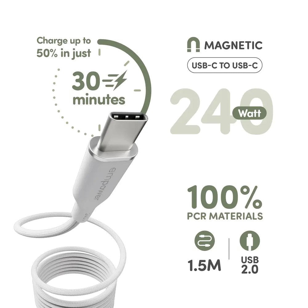 empower by PanzerGlass Magnetic 240W USB-C to USB-C Cable – 1.5m – Silver White