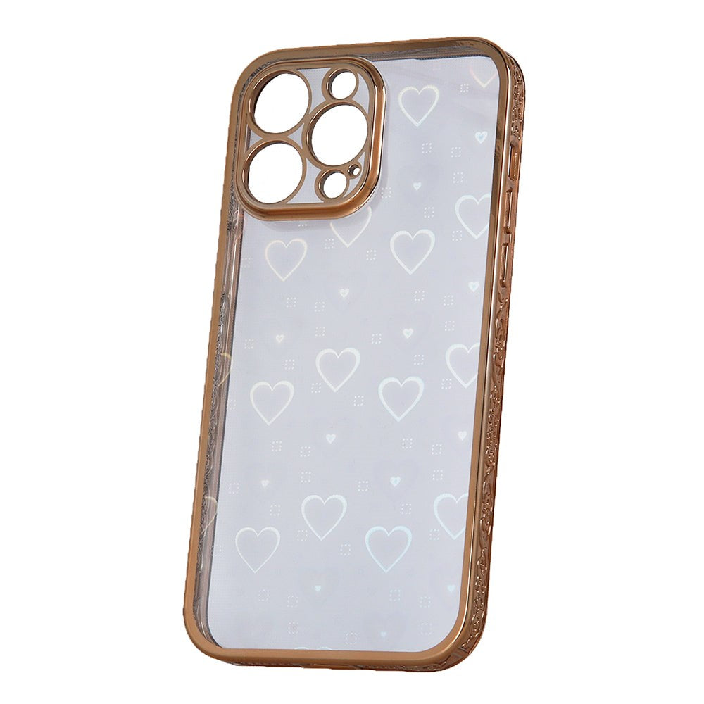 iPhone 14 Pro Max Flexible Plastic Case w. Holographic Foil - Hearts Motif - Transparent / Rose Gold