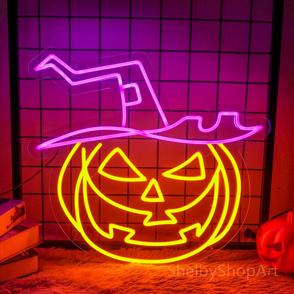 Neolia LED Neon Sign Halloween - Orange and Purple Light with Pumpkin