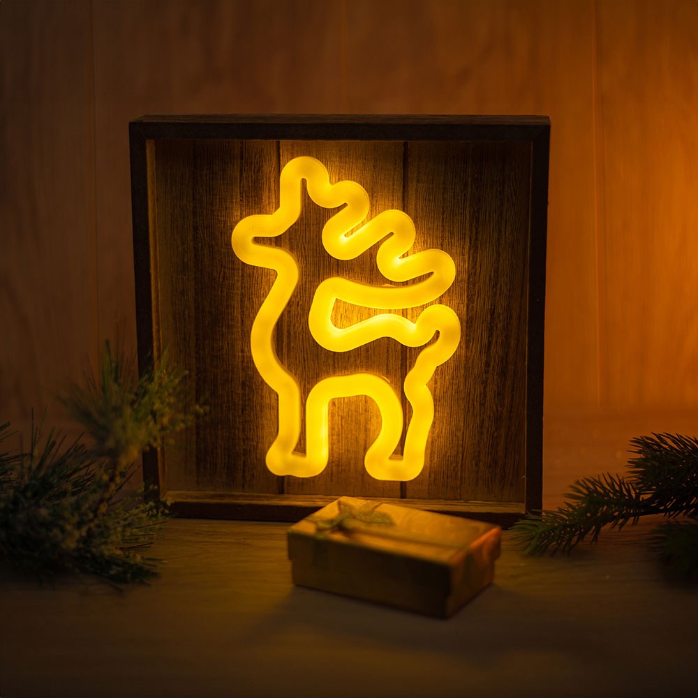 Forever Light Neon Christmas Decoration with Wooden Frame LED - Warm White Light with Reindeer