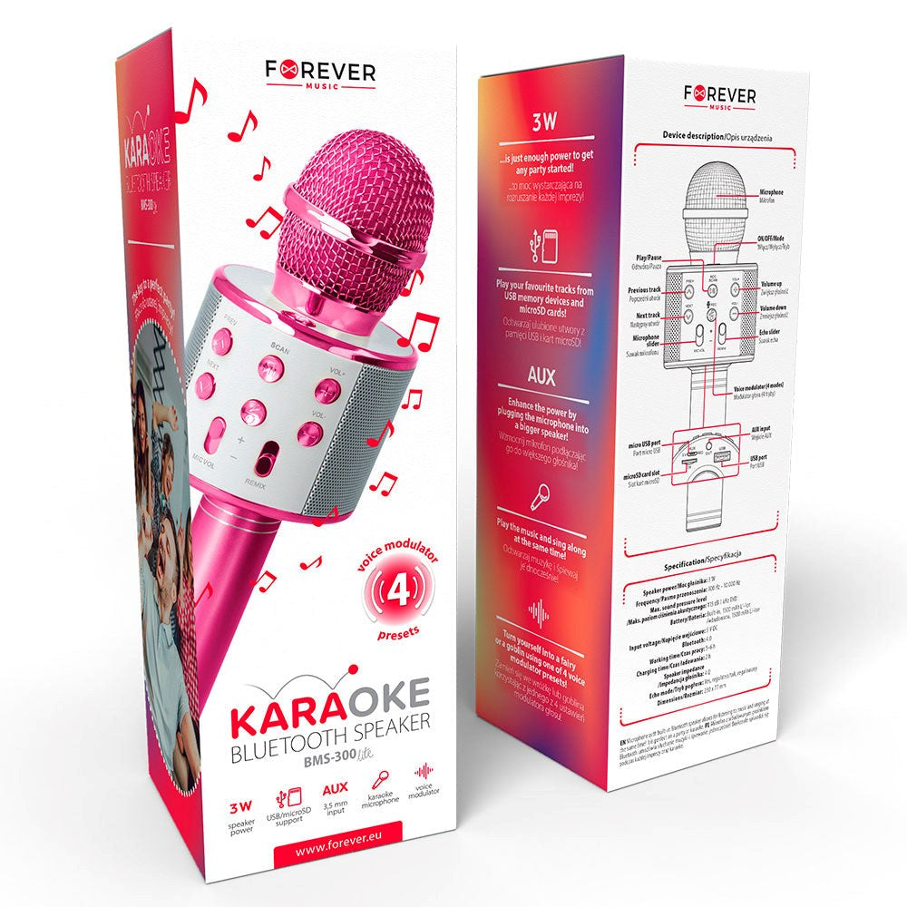 Forever BMS-300 Bluetooth Karaoke Microphone w. Speaker - Pink