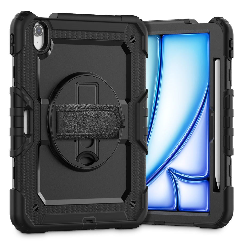 iPad Air 11" (2024) Tech-Protect Solid360 Tough Case w. Protective Film, Hand Holder & Shoulder Strap - Black