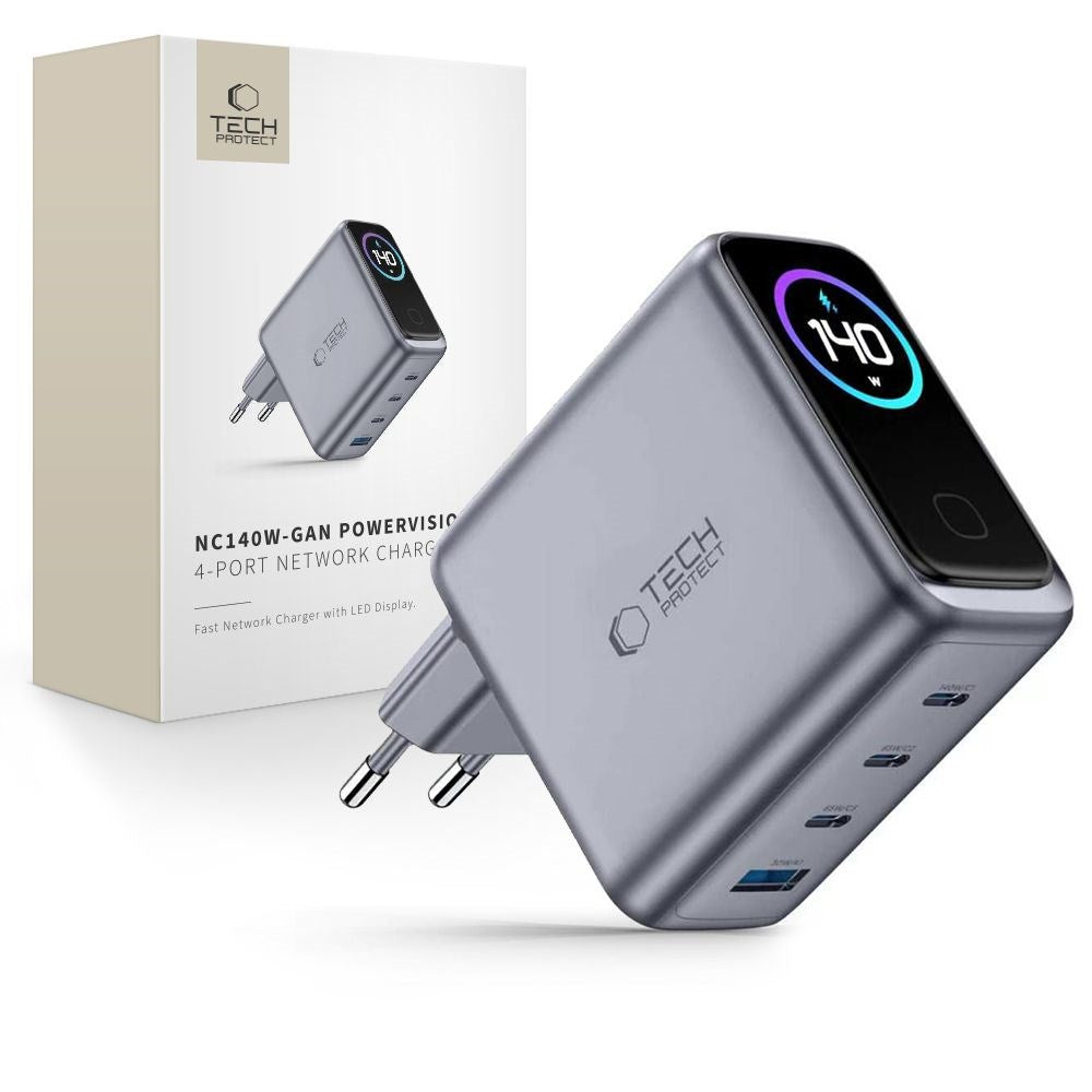 4-i-1 Wall Charger 140W w. 1x USB-A and 3x USB-C Tech-Protect PowerVision NC140W-GaN - Grey