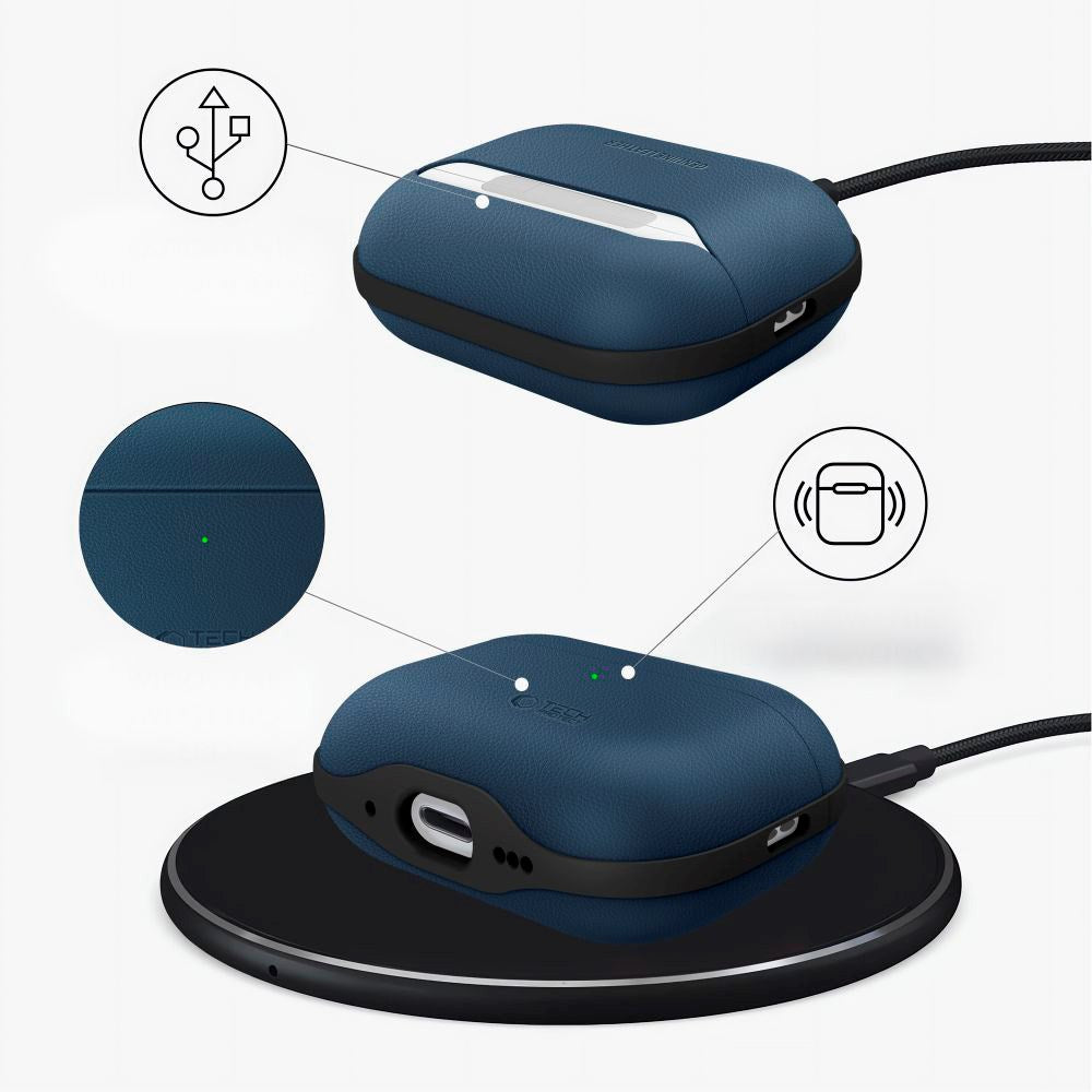 Apple AirPods Pro (3rd gen.) Tech-Protect NaturalFit Faux Leather Case with Strap - Blue