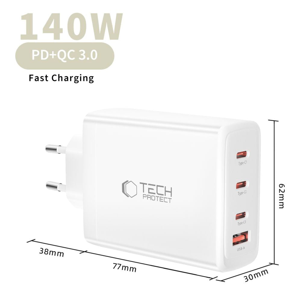 Tech-Protect 140W GaN Wall Charger with 1 x USB-A & 3 x USB-C – White