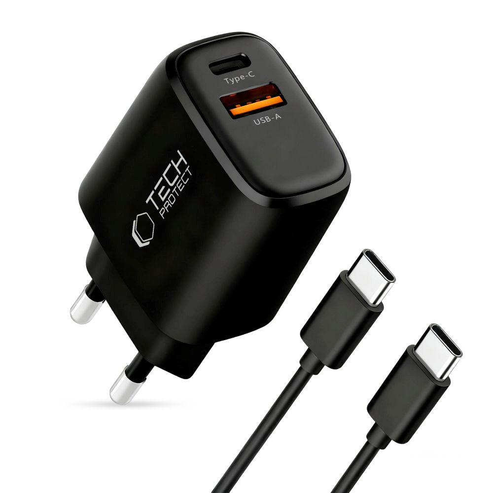 Tech-Protect 45W GaN Wall Charger with 1 x USB-A / 1 x USB-C / 1 x USB-C to USB-C Cable – Black