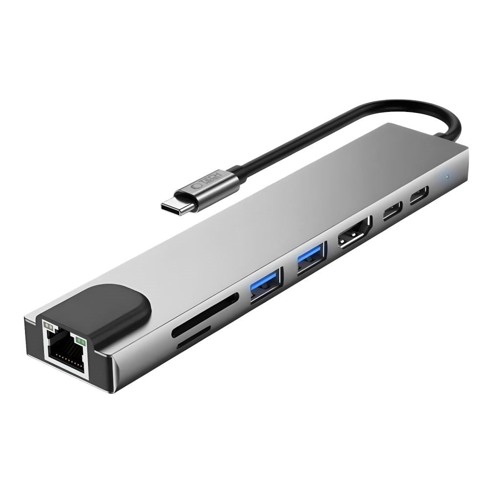 8-i-1 USB-C Multiport Adapter w. 1 X SD Card Reader 1 X TF Card Reader 2 X USB-A 1 X HDMI 2 X USB-C 1 X RJ45 Tech-Protect - Grey