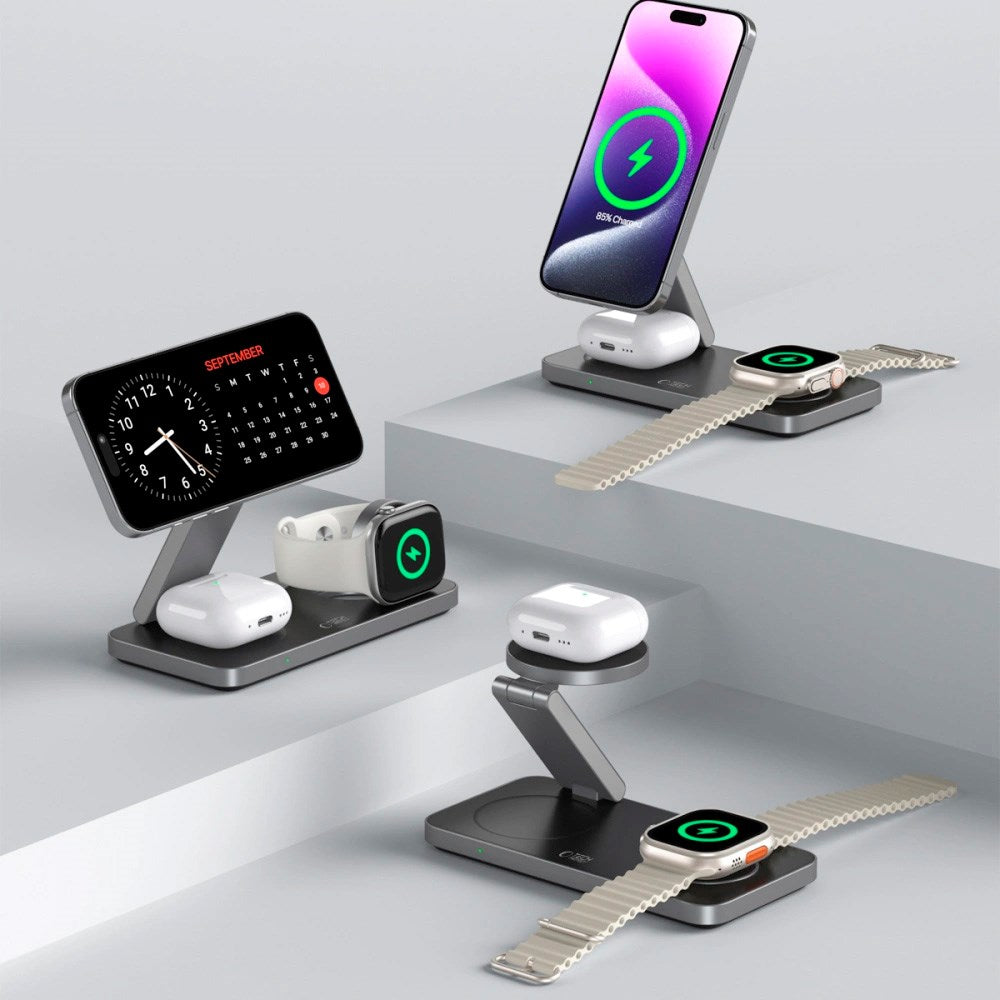 Tech-Protect 3-in-1 Magnetic Wireless Charger - MagSafe Compatible - 15W - Black