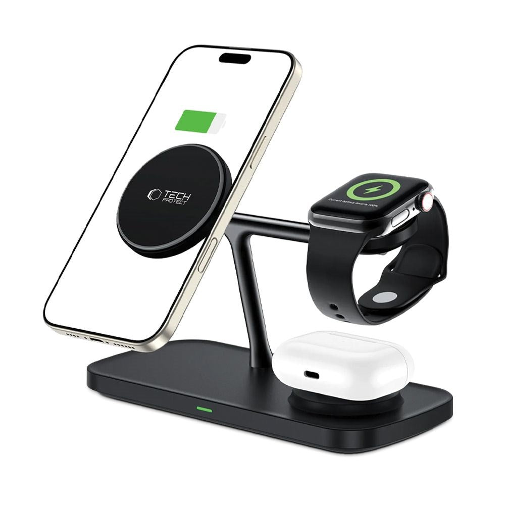 Tech-Protect 15W 3-in-1 Magnetic Wireless Charger - Qi2 / MagSafe Compatible - Black