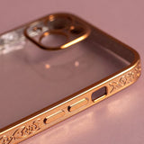 iPhone 14 Pro Max Flexible Plastic Case w. Holographic Foil - Hearts Motif - Transparent / Rose Gold