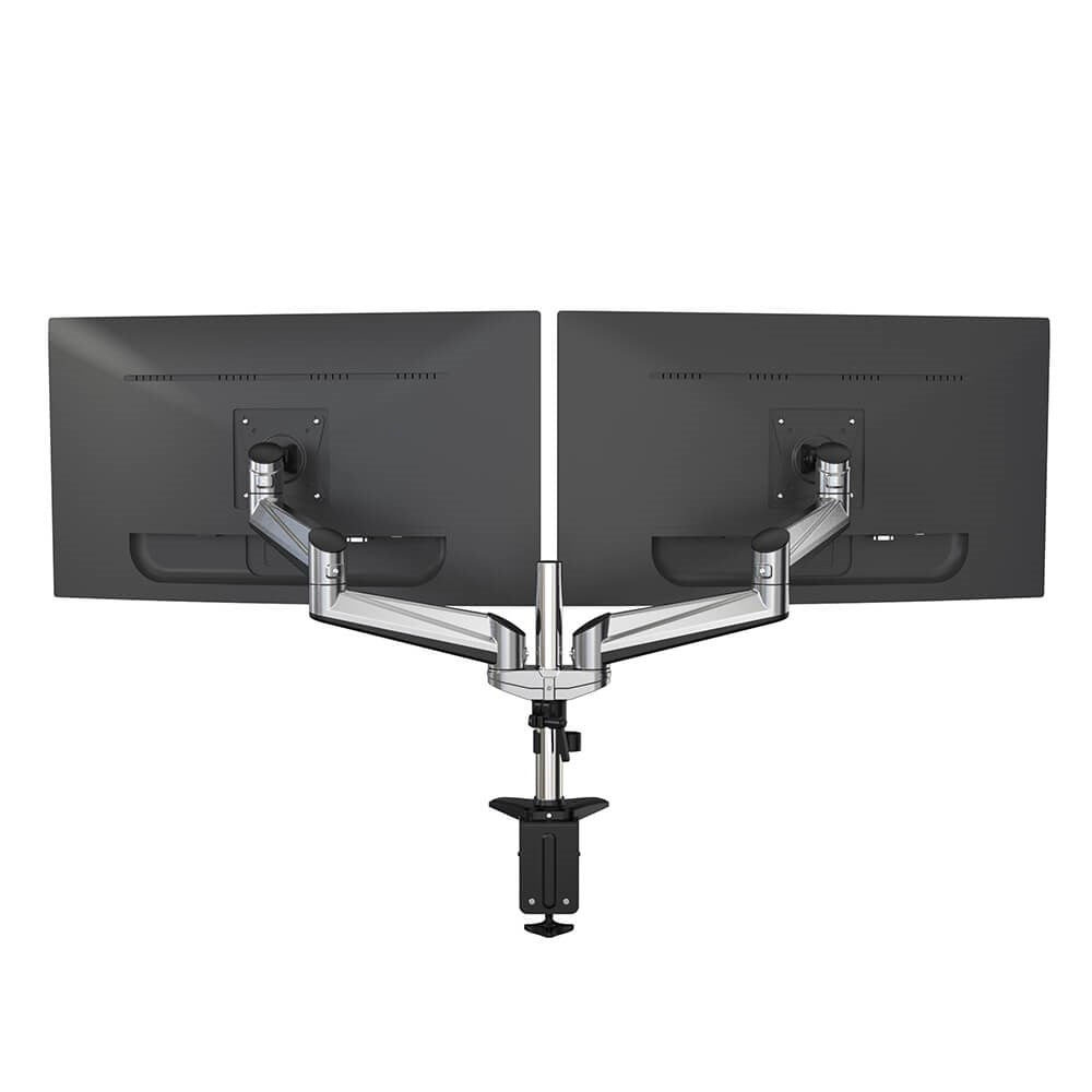 Desire2 Monitor Table Bracket w. Screw Clamp for 2 Monitors 15" - 32" - (VESA 75 & 100) - Silver / Black