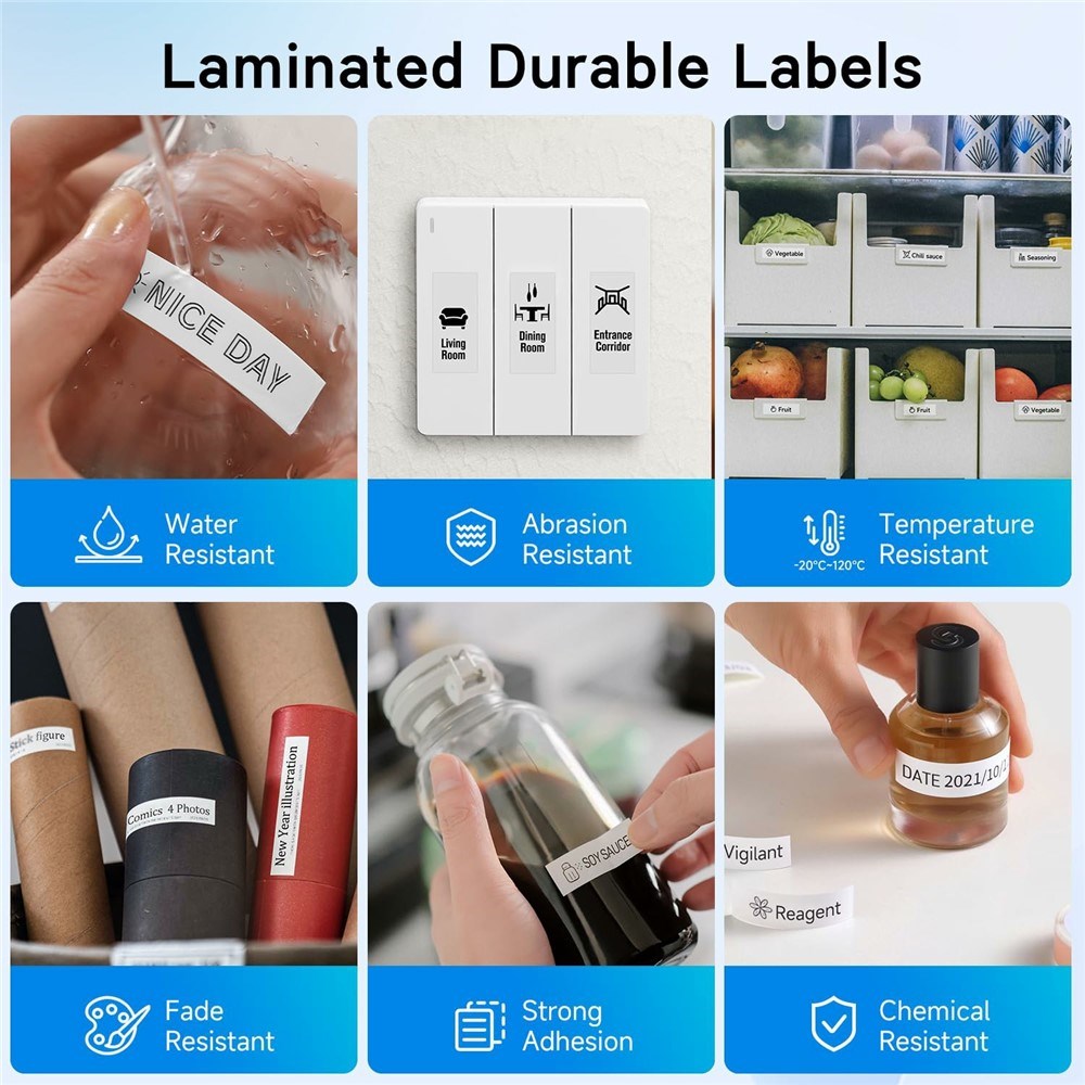 Label Tape Cassette 8 meters, Laminated, Compatible with Brother P-Touch label printers, Black on White - 12mm