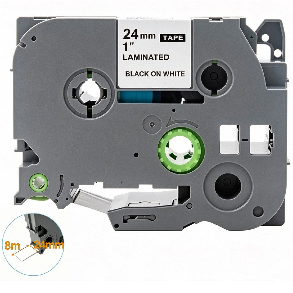 Label Tape Cassette 8 meters, Laminated, Compatible with Brother P-Touch label printers, Black on White - 24mm