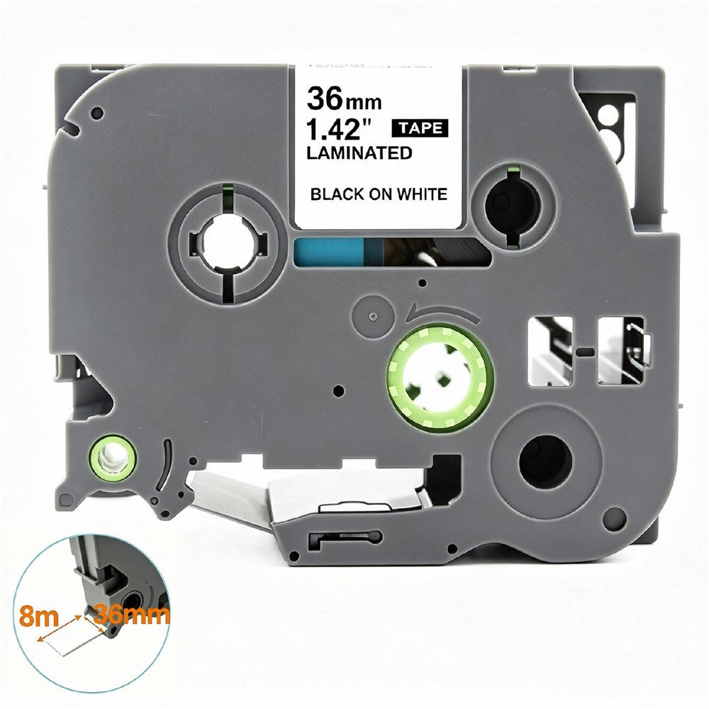 Label Tape Cassette 8 meters, Laminated, Compatible with Brother P-Touch label printers, Black on White - 36mm